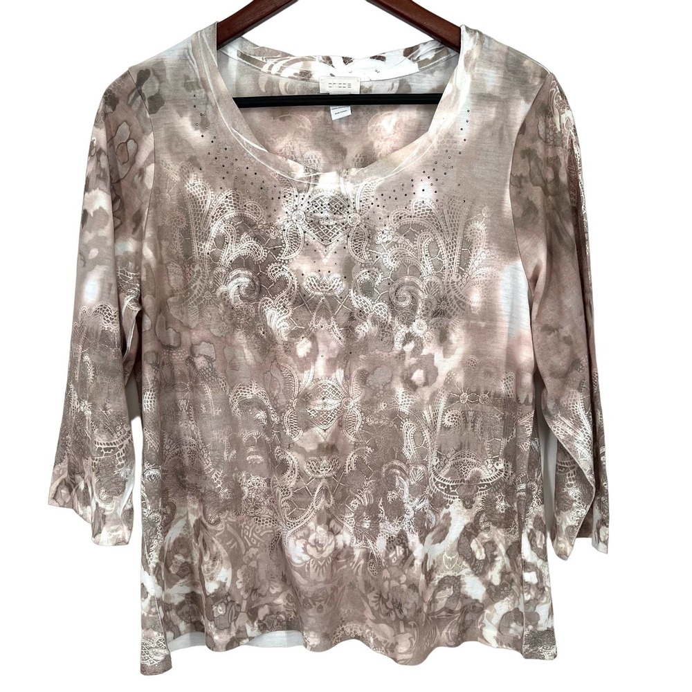 Chicos Size 2 LARGE Embellished Blouse Shirt Top 3/4 Sleeve Business Floral